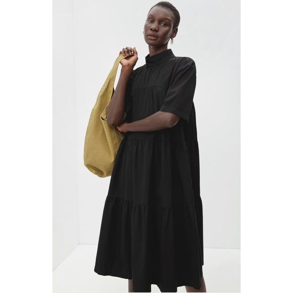 EVERLANE Tiered Mockneck Short Sleeve Midi Dress, Black, Sz XS - Picture 1 of 15